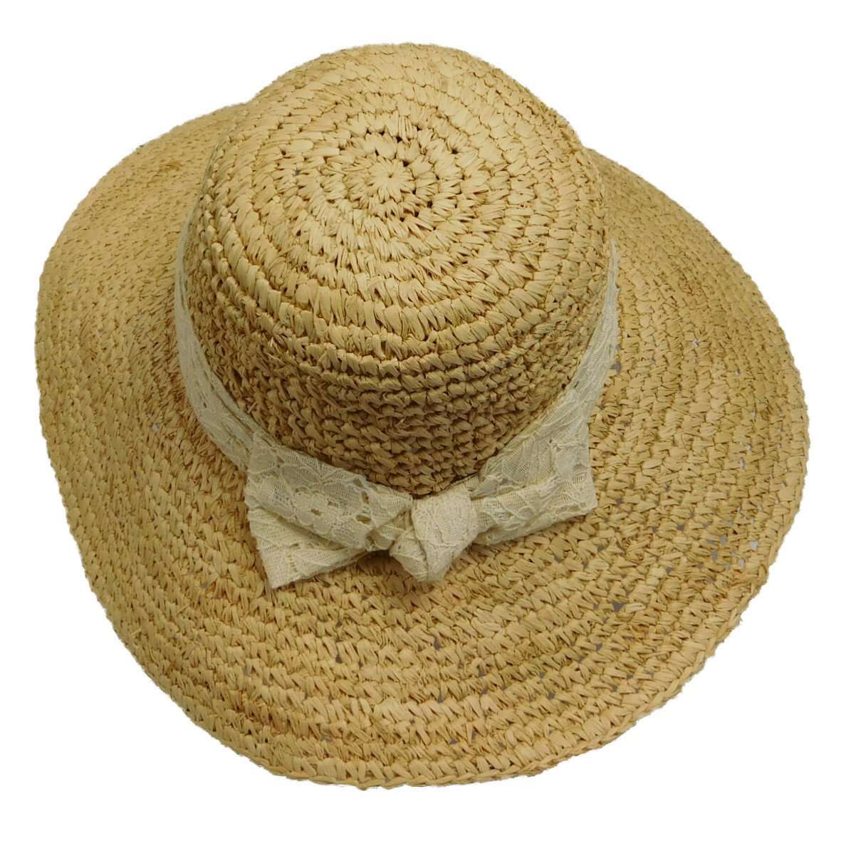 Crochet Raffia Sun Hat with Lace Scarf Wide Brim Hat Cappelli Straworld WSRA497BG Beige  