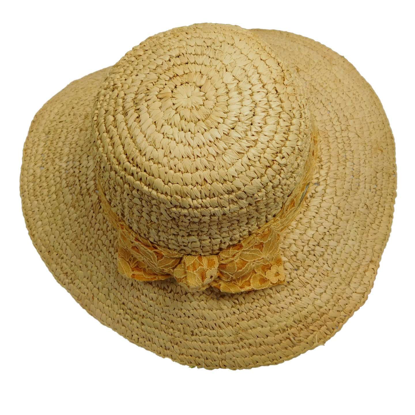Crochet Raffia Sun Hat with Lace Scarf Wide Brim Hat Cappelli Straworld WSRA497TN Tan  
