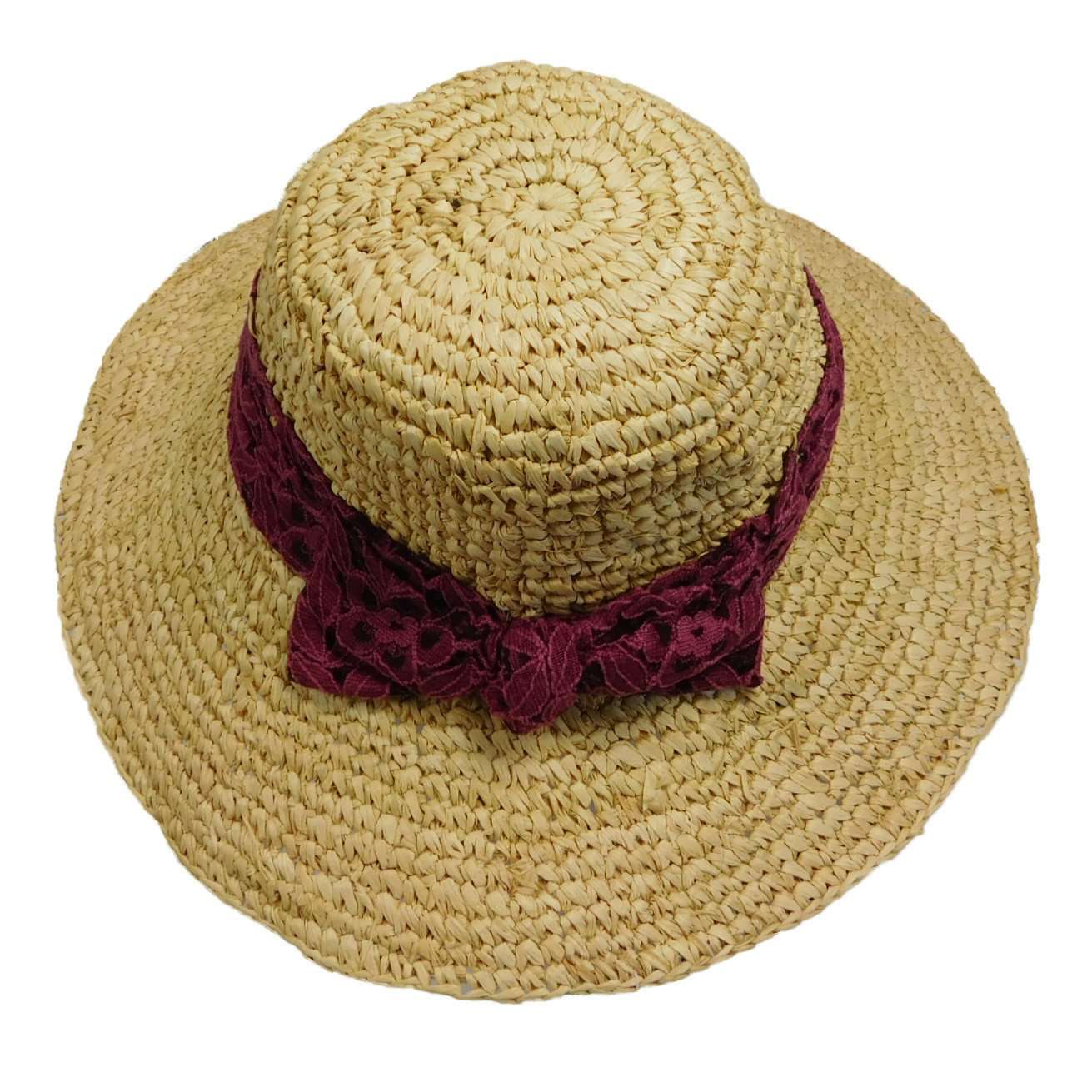 Crochet Raffia Sun Hat with Lace Scarf Wide Brim Hat Cappelli Straworld WSRA497WN Wine  