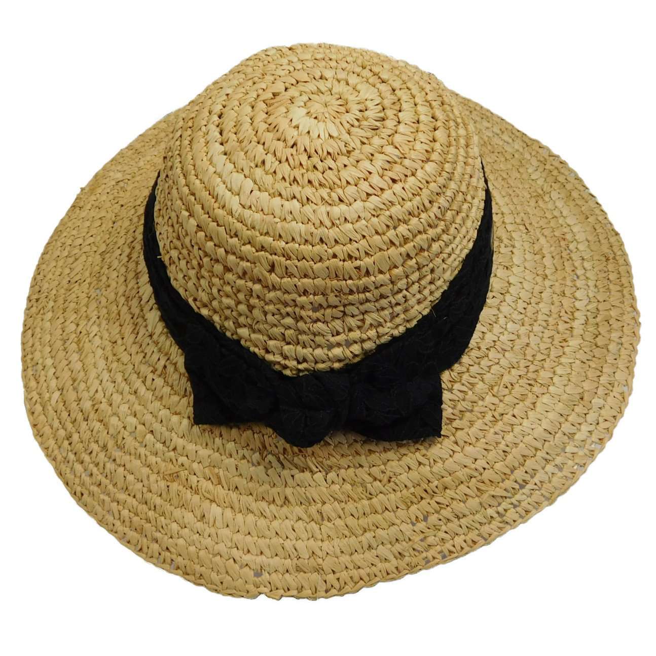 Crochet Raffia Sun Hat with Lace Scarf Wide Brim Hat Cappelli Straworld WSRA497BK Black  