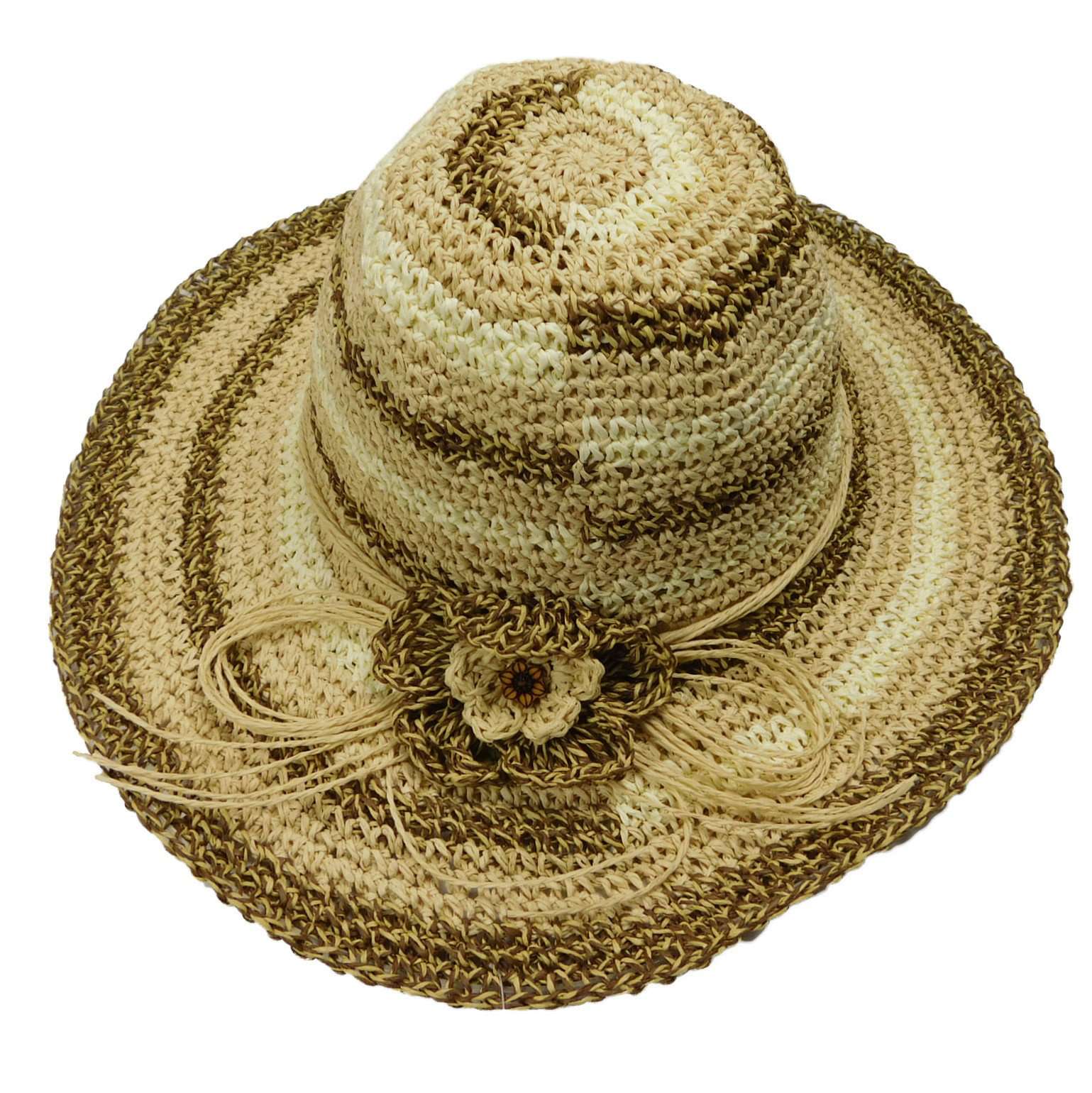 Striped Crochet Toyo Sun Hat - Jeanne Simmons Hats Floppy Hat Jeanne Simmons WSTS294BN Natural / Brown  