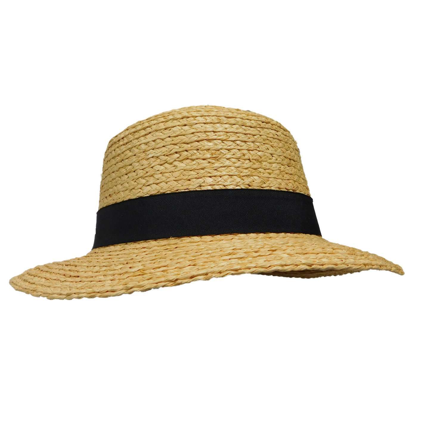 Raffia Braid Boater Hat with Black Ribbon Band - Boardwalk Style