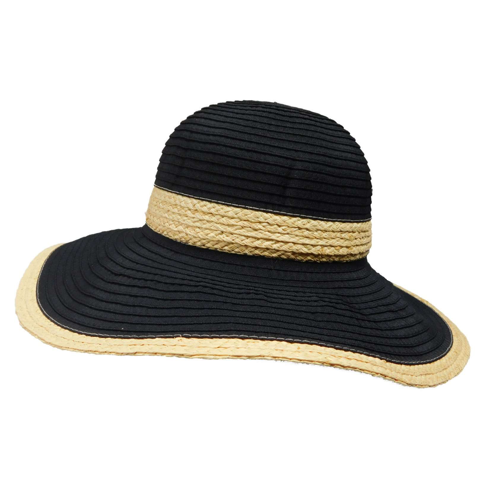 Ribbon Sun Hat with Raffia Trim - Boardwalk Style Wide Brim Sun Hat Boardwalk Style Hats    