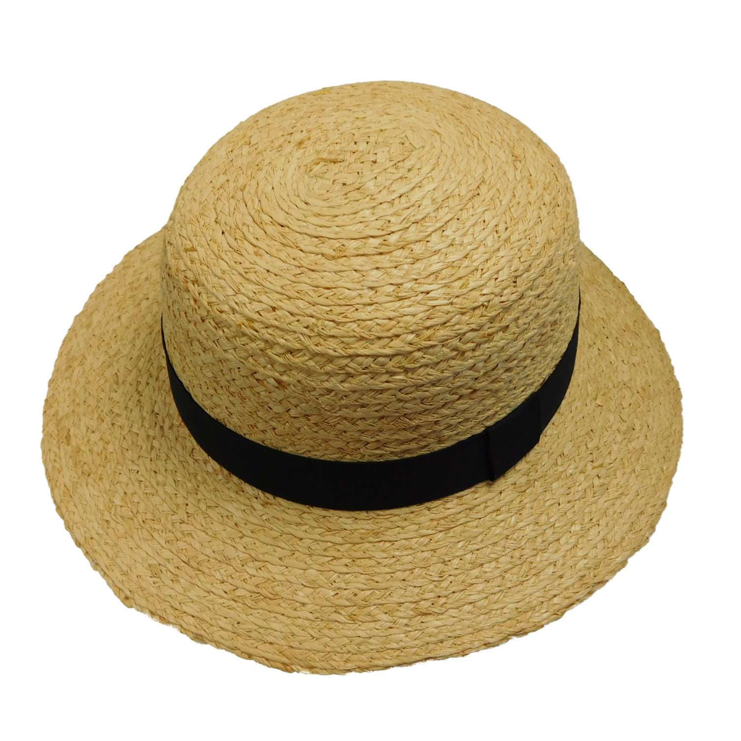 Raffia Braid Boater Hat with Black Ribbon Band - Boardwalk Style
