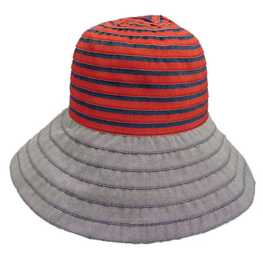 Striped Denim Ribbon Crusher Bucket Hat - Boardwalk Style Wide Brim Hat Boardwalk Style Hats    