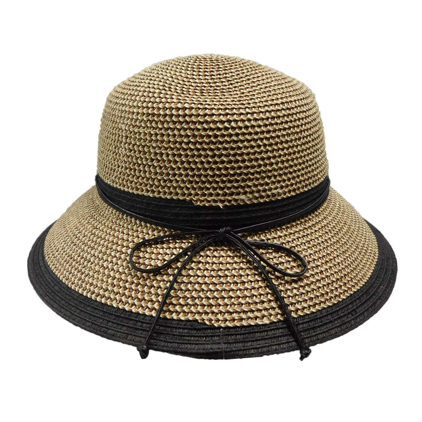 100% Linen Cloche Bucket Sun Hat Black Leather Cord Trim Tan Woven One Size VG Vera Cloche Packable Women main image 2