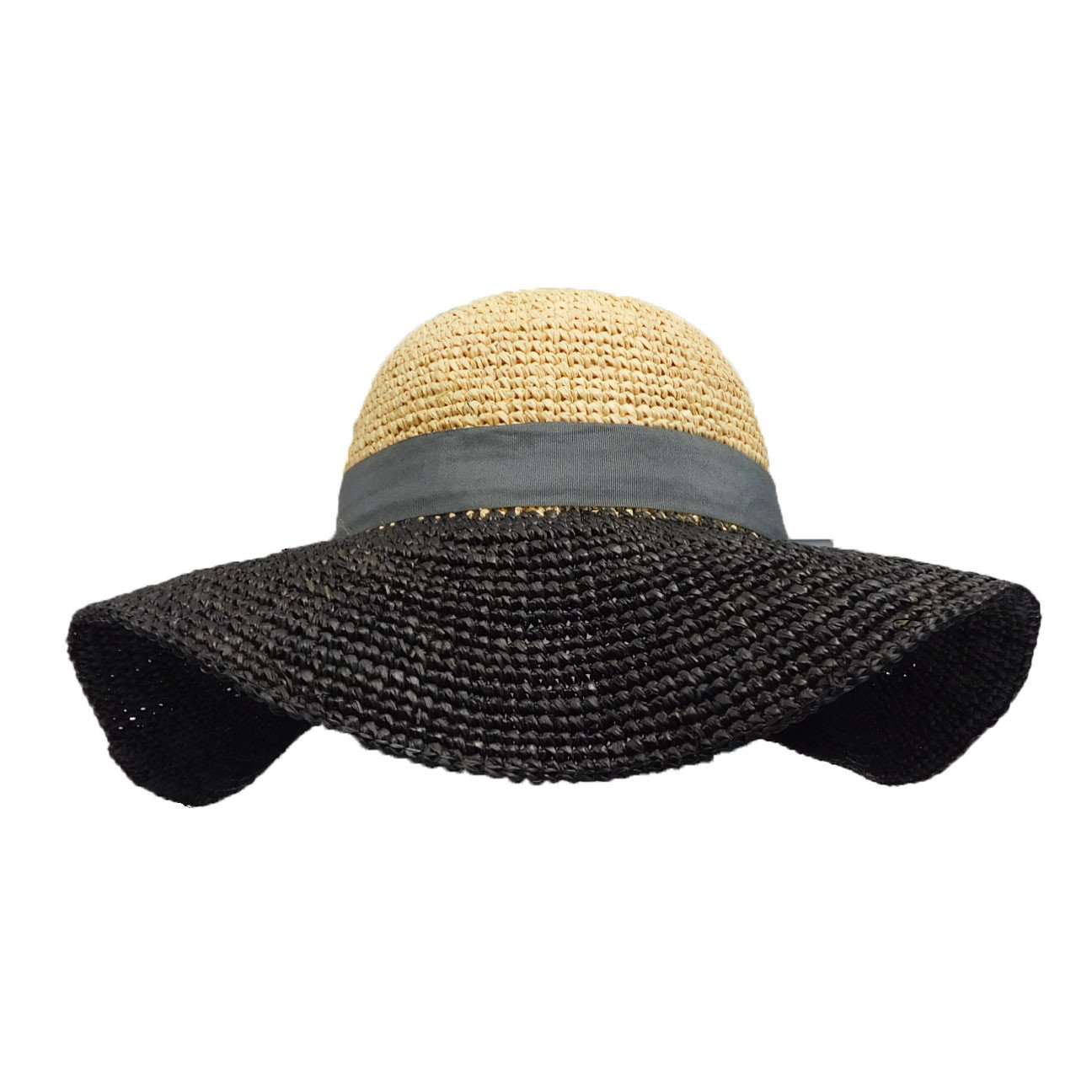 Two Tone Hand Crocheted Raffia Sun Hat - Black and Natural 