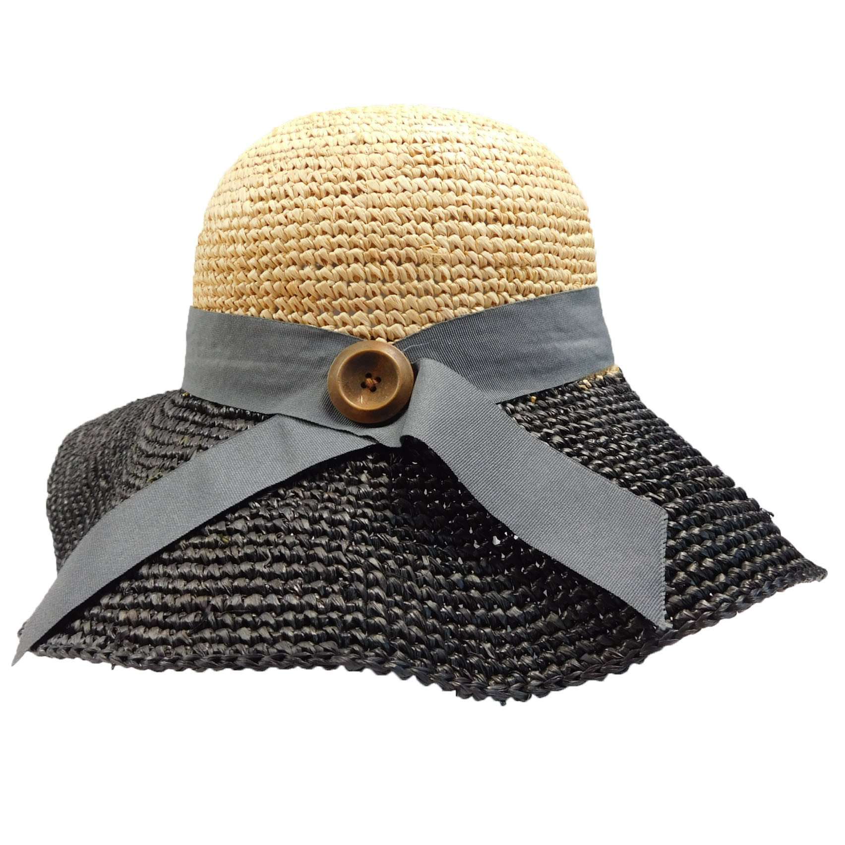 Two Tone Hand Crocheted Raffia Sun Hat - Black and Natural  display picture 2