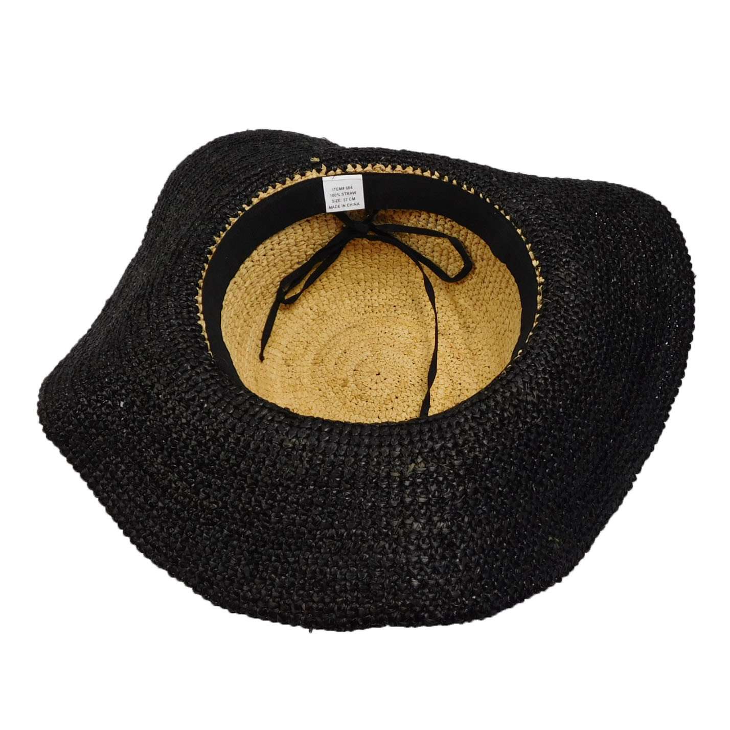 Two Tone Hand Crocheted Raffia Sun Hat - Black and Natural 