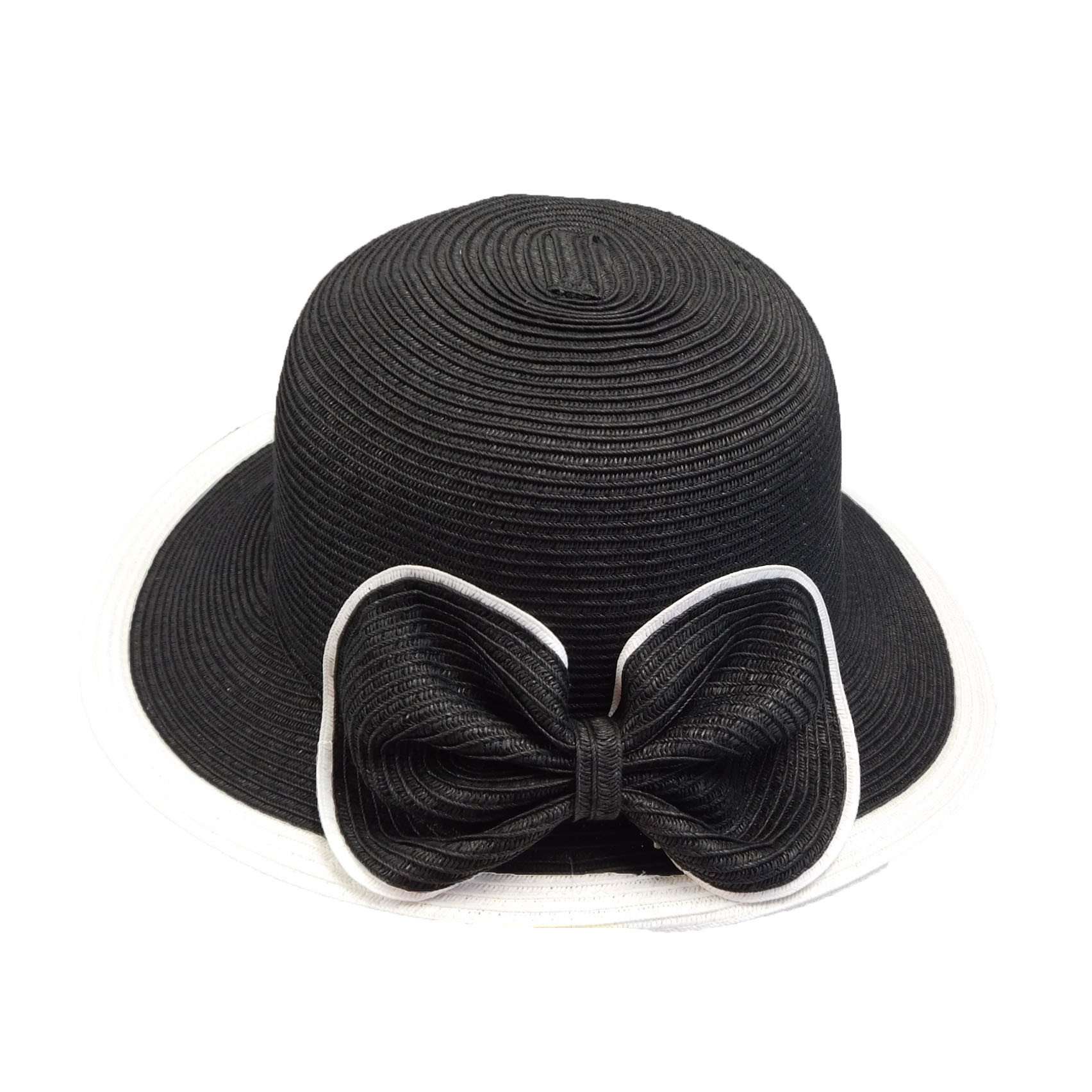 Black and White Sun Hat with Large Straw Bow - DNMC Hats Wide Brim Hat Boardwalk Style Hats da761BK Black Medium (57 cm) 