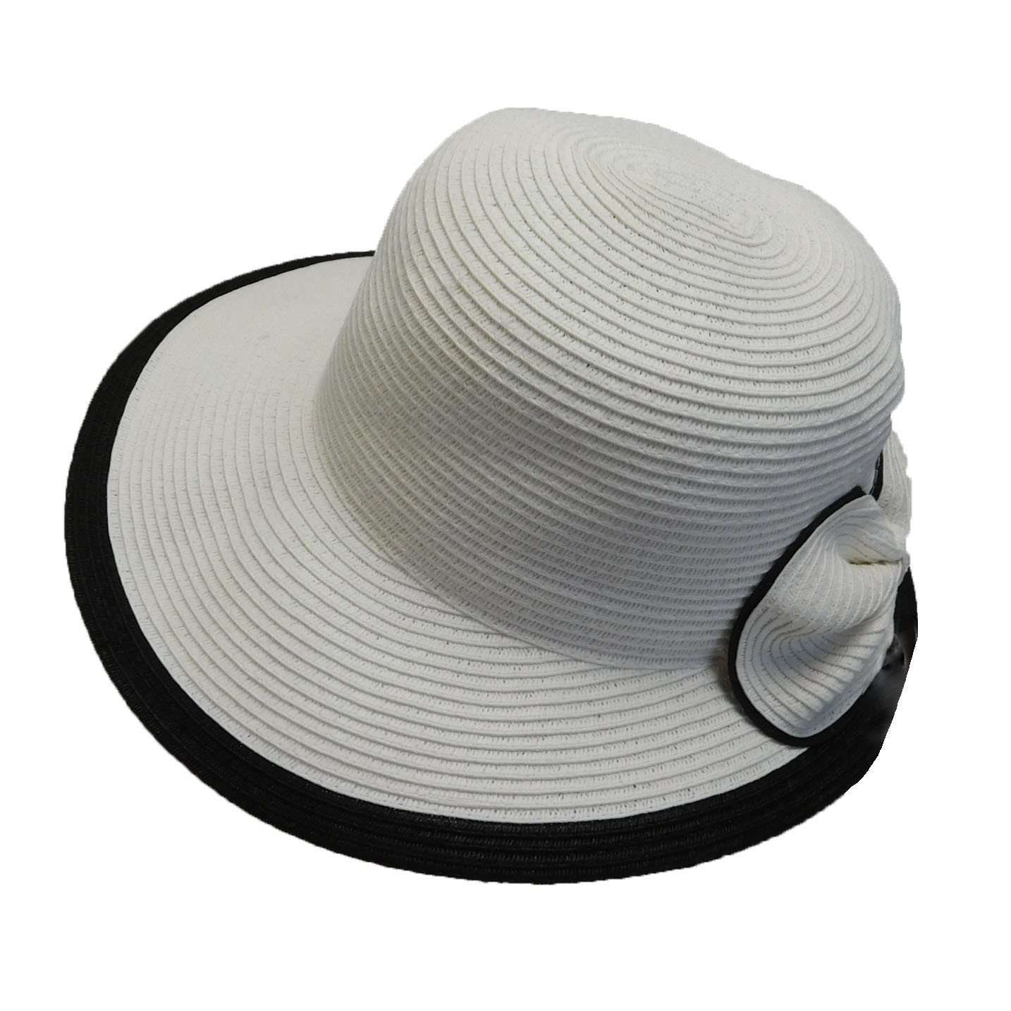 Black and White Sun Hat with Large Straw Bow - DNMC Hats Wide Brim Hat Boardwalk Style Hats da761WH White Medium (57 cm) 