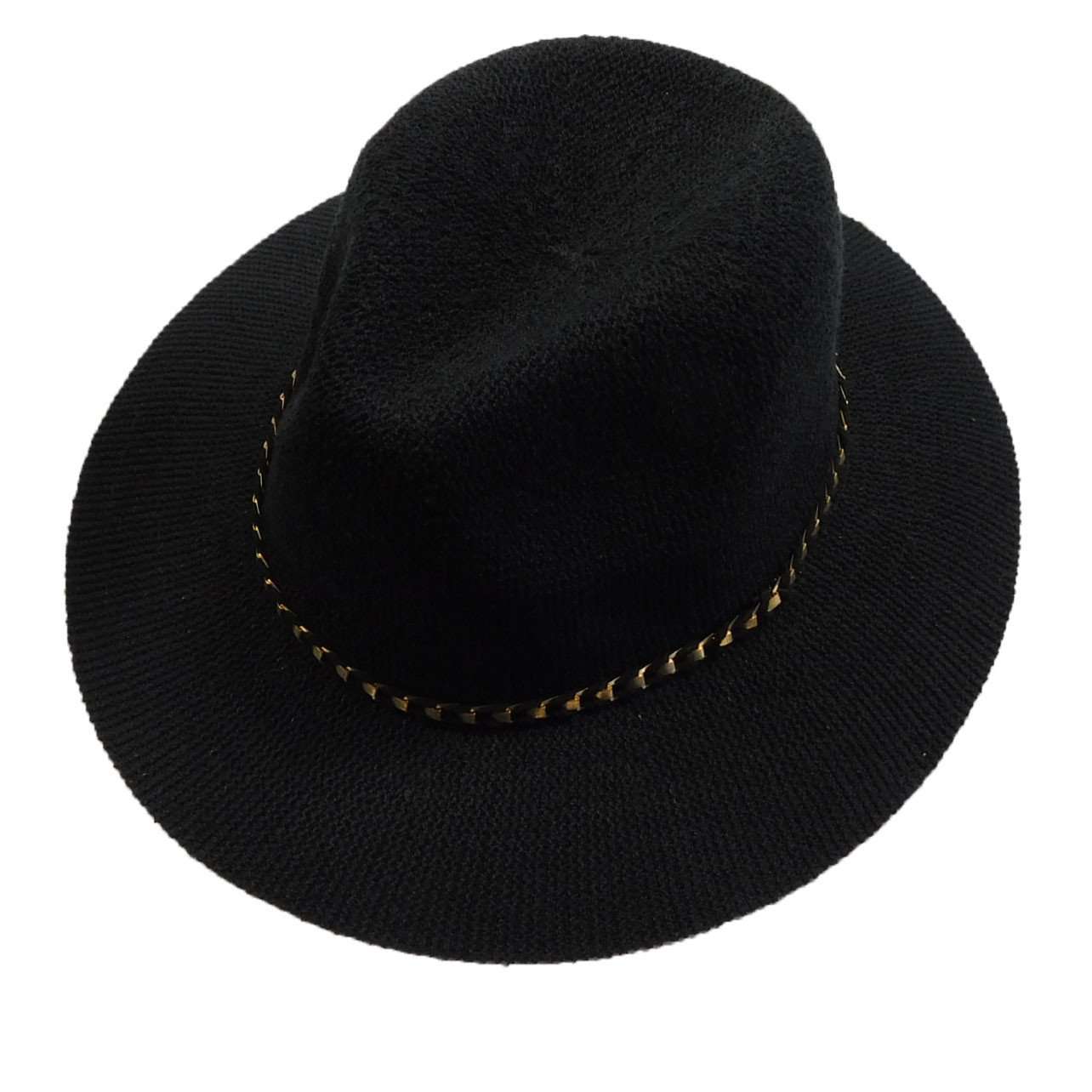 Knitted Panama Hat with Gold Band - Black Safari Hat Boardwalk Style Hats WWda3124BK Black  