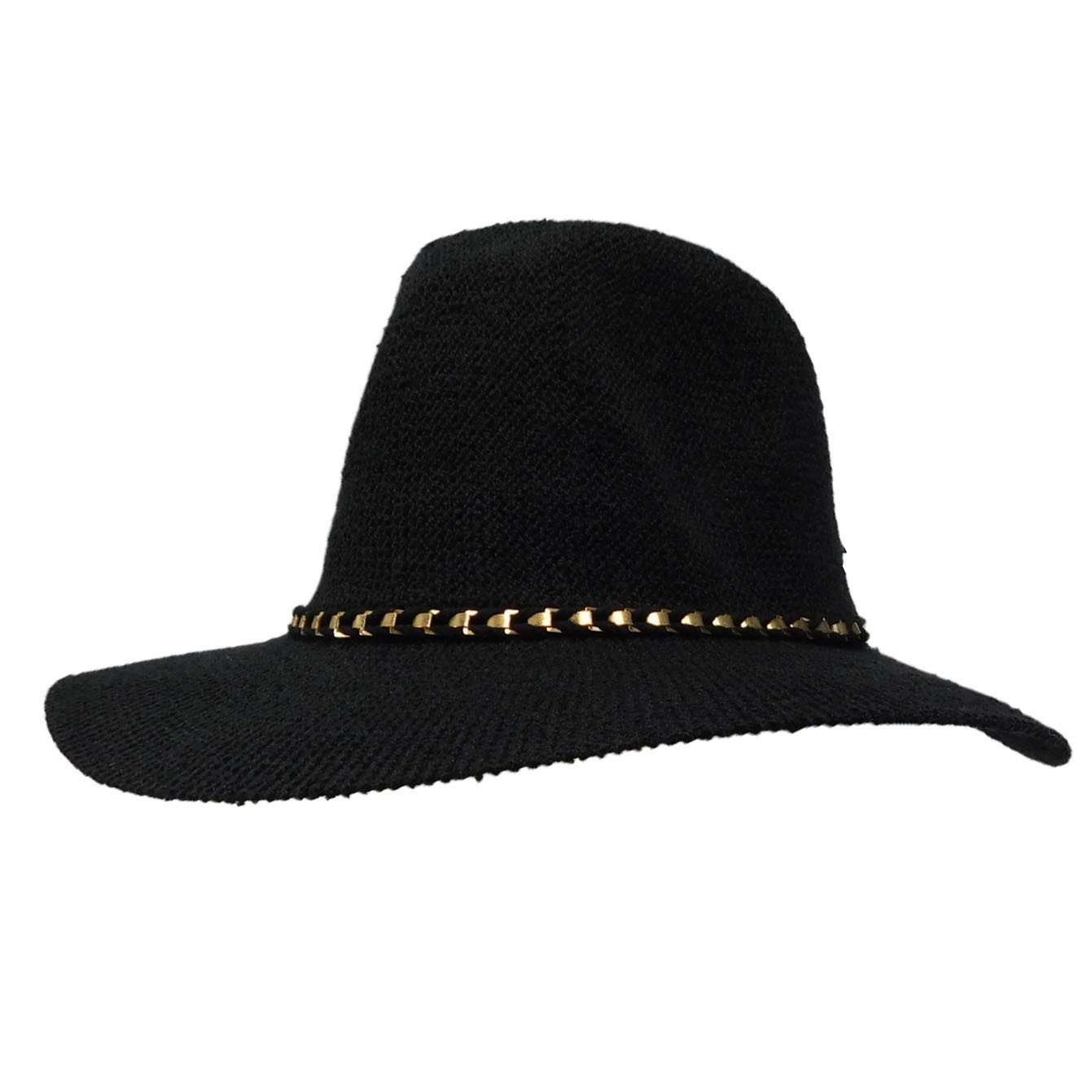 Knitted Panama Hat with Gold Band - Black Safari Hat Boardwalk Style Hats    