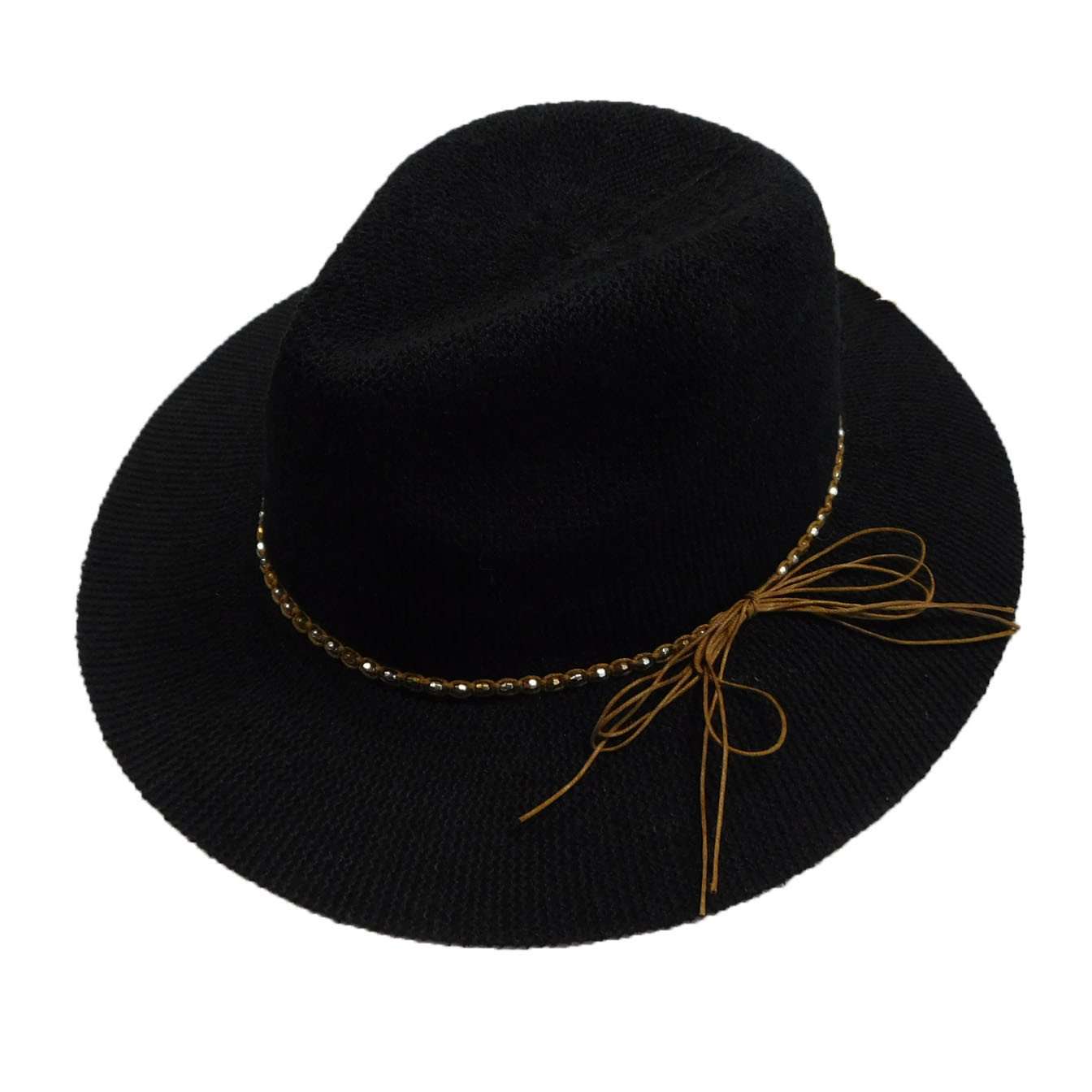 Knitted Panama Hat with Beaded Band - Black Safari Hat Boardwalk Style Hats WWda3122BK Black Medium (57 cm) 