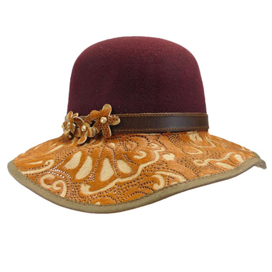 Danielle - Laser Cut Brim Leather Hat -Burgundy Cloche Head'N'Home Hats WWdanielleBG Burgundy  