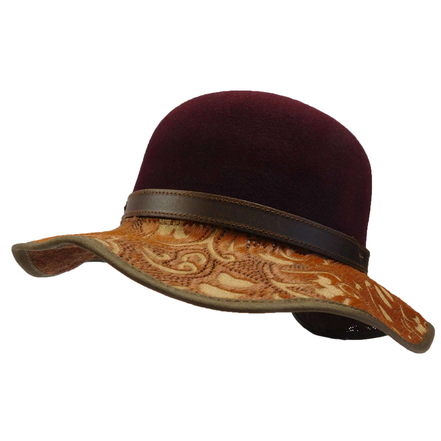 Danielle - Laser Cut Brim Leather Hat -Burgundy Cloche Head'N'Home Hats    