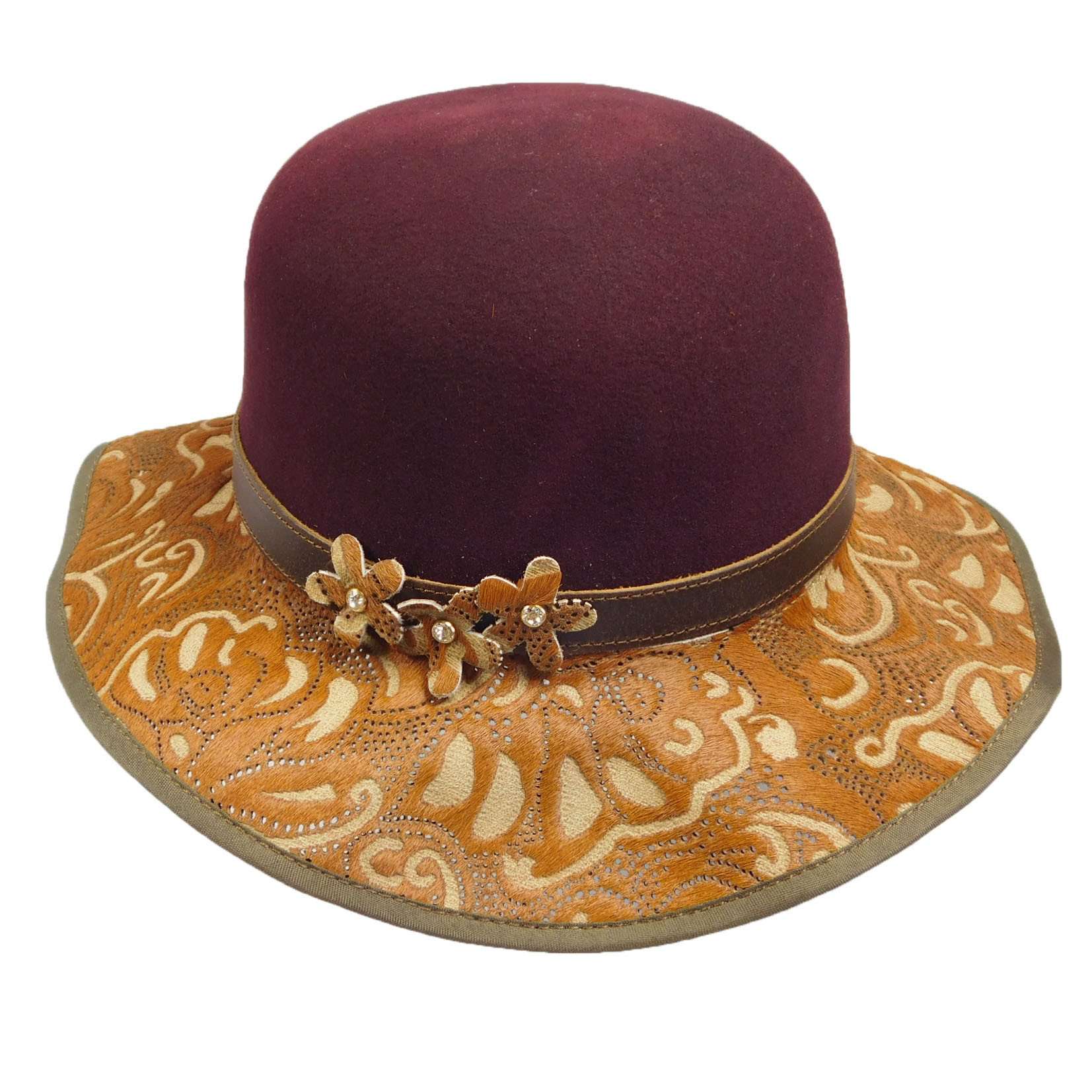 Danielle - Laser Cut Brim Leather Hat -Burgundy Cloche Head'N'Home Hats    