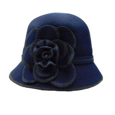 Wool Felt Cloche with Stitched Flower - JSA Cloche Jeanne Simmons js7431nv Navy OS (22.5") 