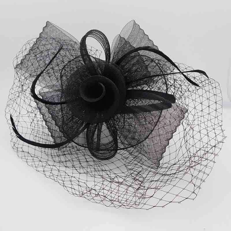 Pleated Bow Fascinator with Netting Veil Fascinator Something Special Hat lb7714BK Black  