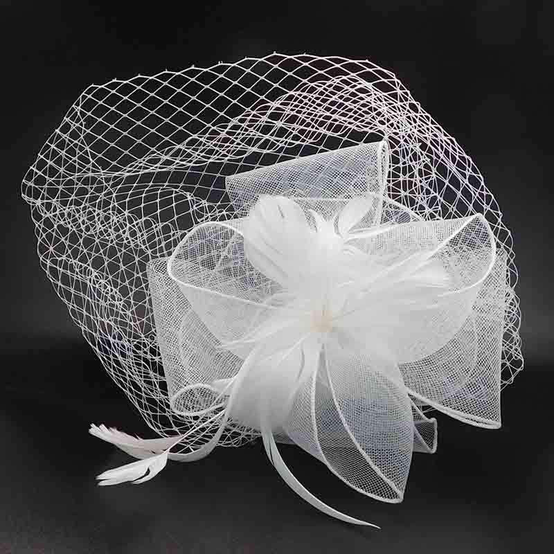 Feather Flower Fascinator with Netting Veil Fascinator Something Special Hat lb7719WH White  