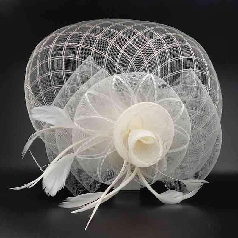 Fascinator with Checkered Veil Fascinator Something Special Hat lb7324WH Ivory  