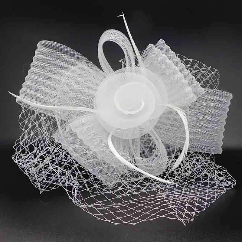 Pleated Bow Fascinator with Netting Veil Fascinator Something Special Hat lb7714WH White  