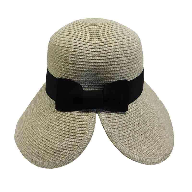 Butterfly Split Brim Sun Hat with Black Ribbon Band - Boardwalk Style Wide Brim Hat Boardwalk Style Hats da1741wh White Tweed Medium (57 cm) 