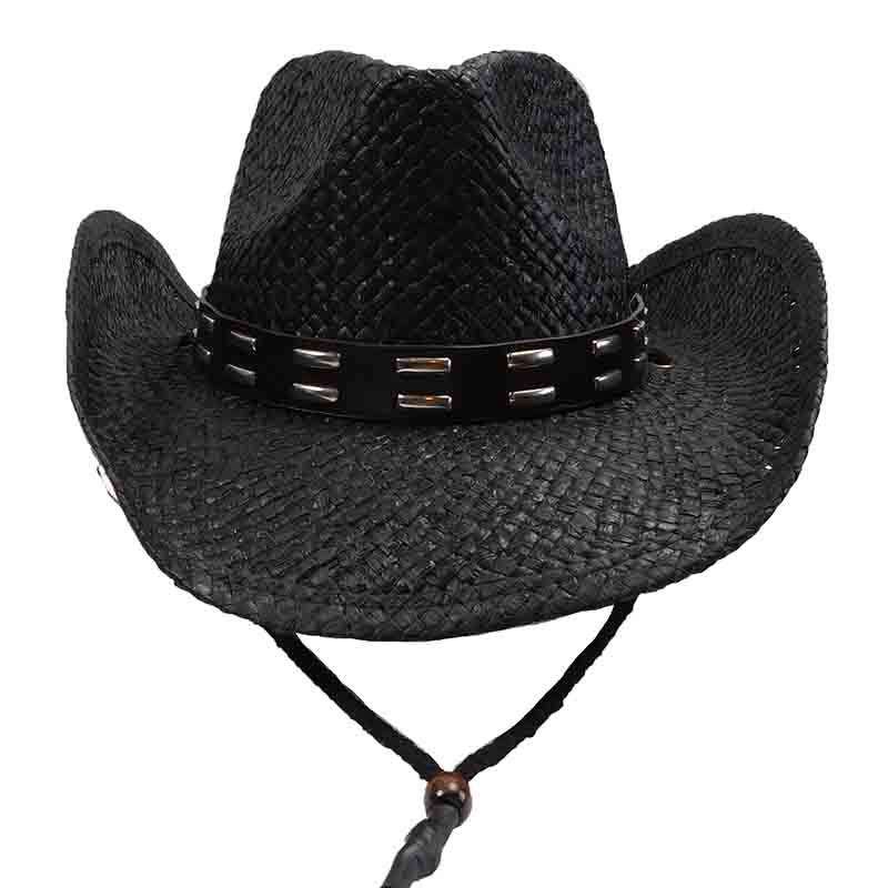 Black Stone Stud Leather Band Ornate Brim Western Straw Hat Vamuss Straw Cowboy Hat W/Vegan Leather Band & Beads  main image 3