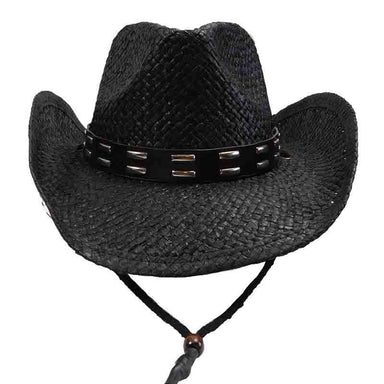 Black Straw Cowboy Hat with Studded Leather Band - Sun Styles Cowboy Hat Sun Styles    