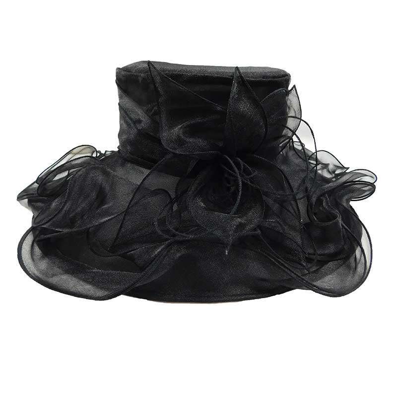 Flower Organza Hat with Curly Ribbon Accent Dress Hat Something Special Hat by5824bk Black  
