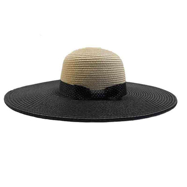 Black Polka Dot Ribbon Bow Wide Brim Sun Hat - Jones New York, Wide Brim Sun Hat - SetarTrading Hats 