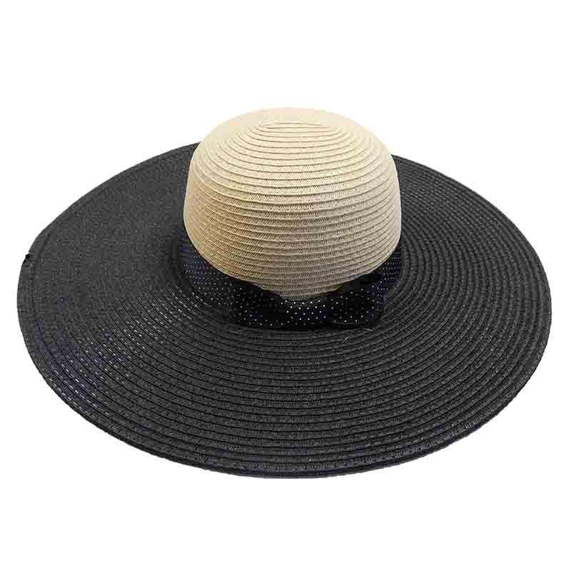 Black Polka Dot Ribbon Bow Wide Brim Sun Hat - Jones New York, Wide Brim Sun Hat - SetarTrading Hats 