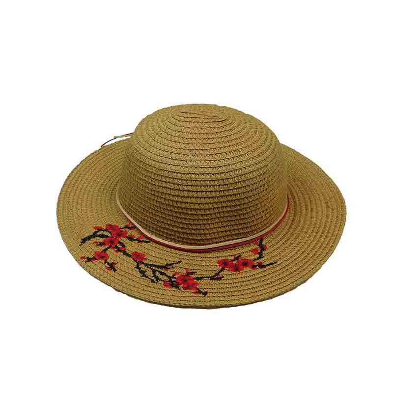 Embroidered Red Blossom Tree Sun Hat for Small Heads - Jeanne Simmons Hats Wide Brim Sun Hat Jeanne Simmons JS1061NT Natural XXS (53 cm) 