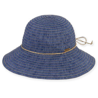 Denim Ribbon Wide Brim Sun Hat with Straw String Bow - Sun 'n' Sand Hats, Wide Brim Hat - SetarTrading Hats 