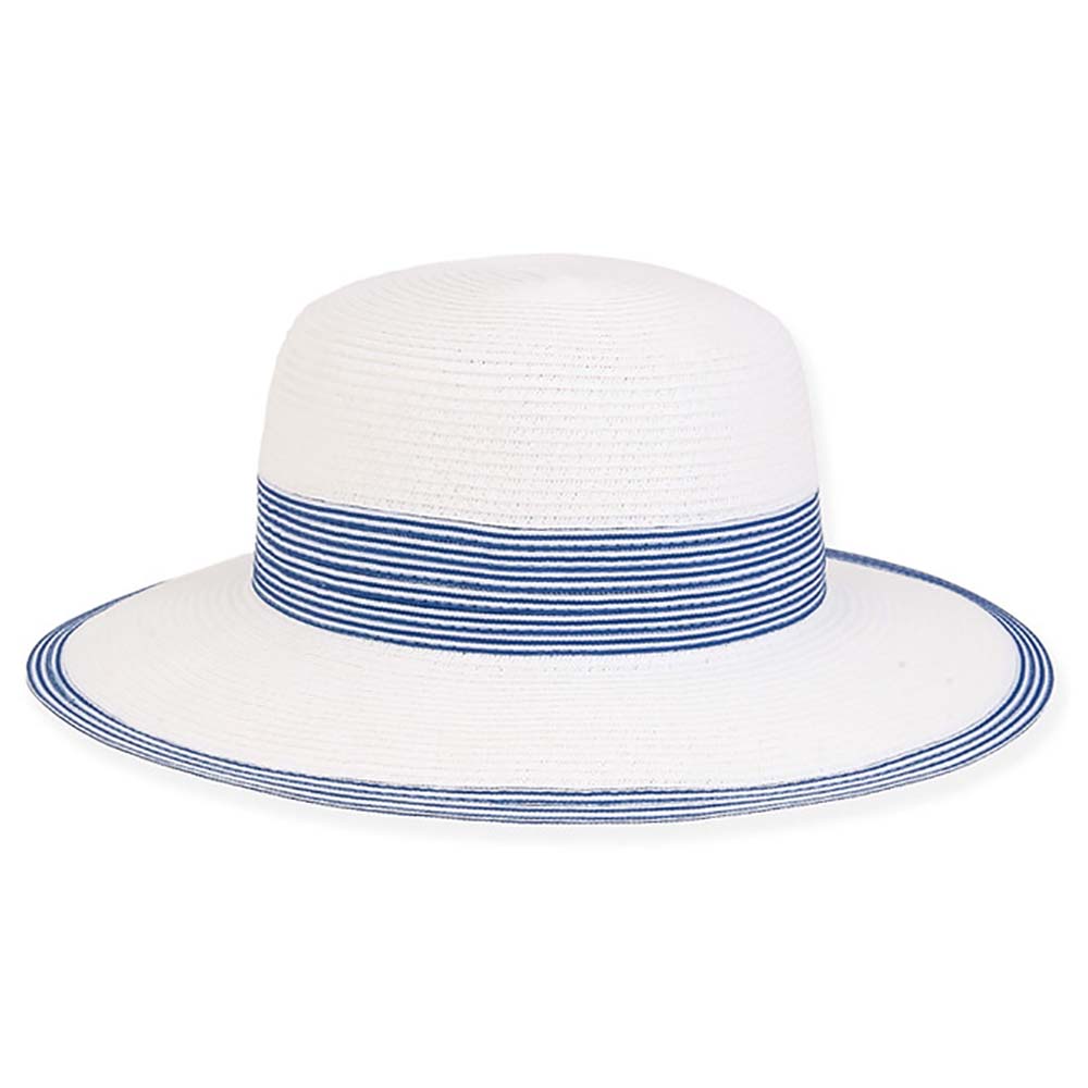 Denim Stripe Band White Straw Floppy Hat for Petites - Sunny 