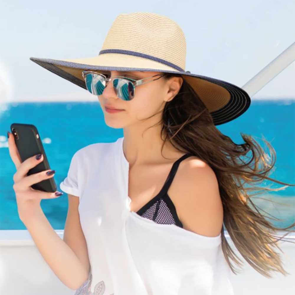 Extra Wide Brim Straw Beach Hat with Denim Accent - Sun 'N' Sand Hat, Safari Hat - SetarTrading Hats 