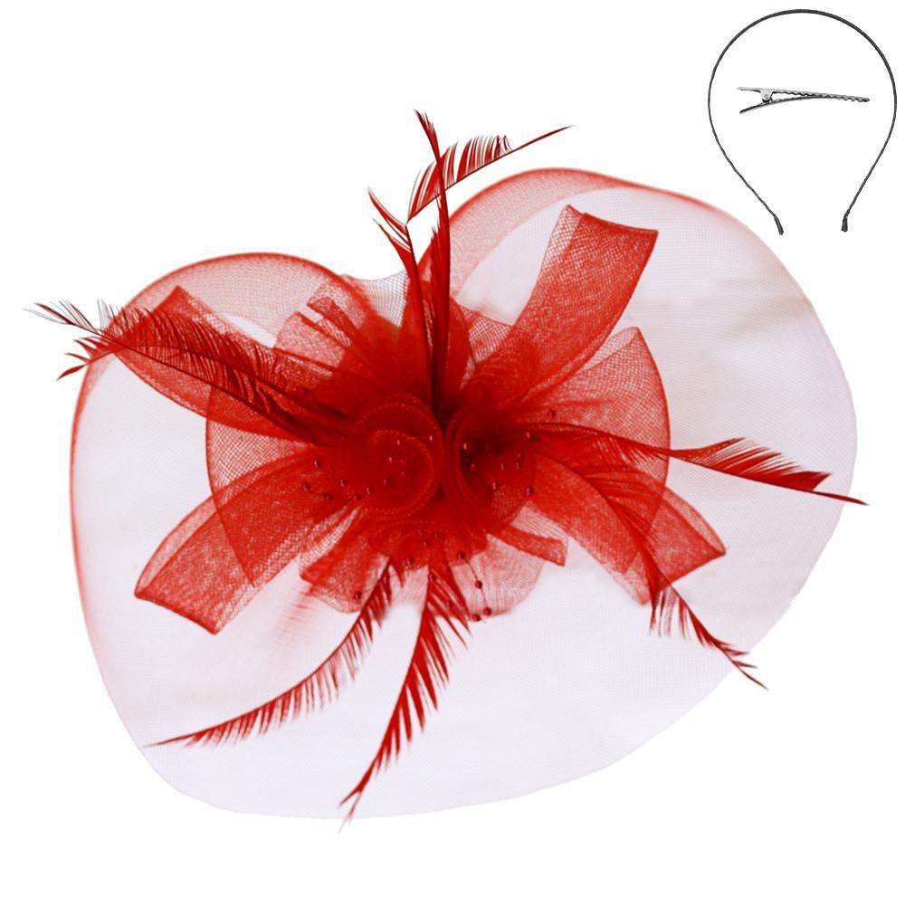 Mesh Flower and Feather Headband Fascinator Something Special LA Fft1462RD Red  