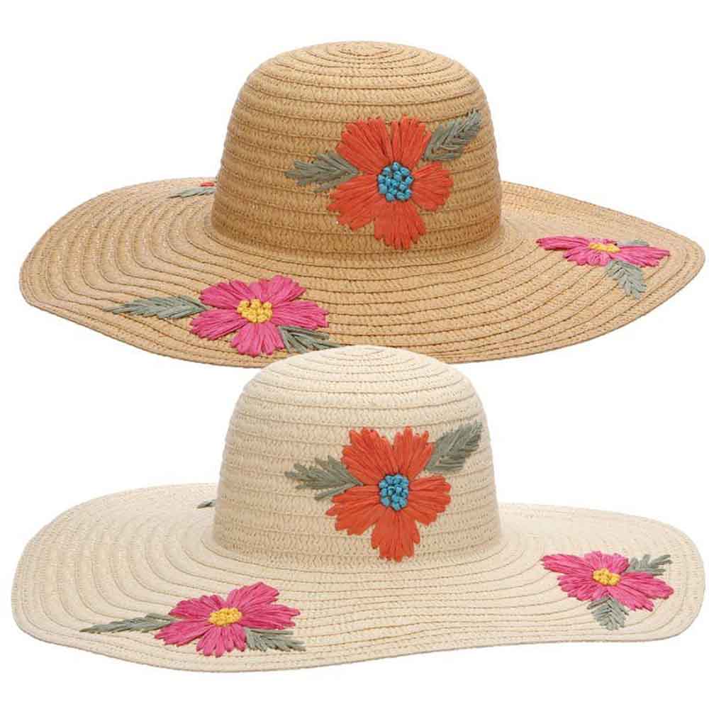Flower Embroidered Wide Brim Beach Hat - Cappelli Straworld, Wide Brim Sun Hat - SetarTrading Hats 