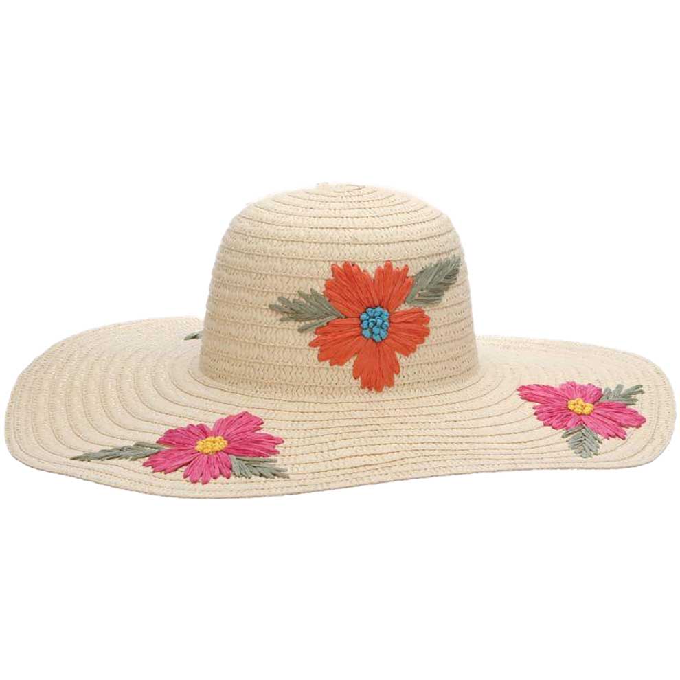 Flower Embroidered Wide Brim Beach Hat - Cappelli Straworld, Wide Brim Sun Hat - SetarTrading Hats 