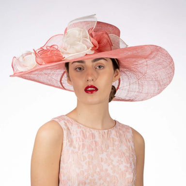 Flower String Wide Brim Pink and Ivory Sinamay Dress Hat - KaKyCO Dress Hat KaKyCO    