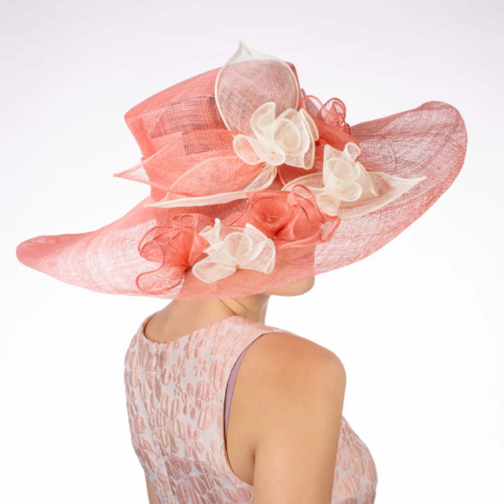 Flower String Wide Brim Pink and Ivory Sinamay Dress Hat  display picture 3