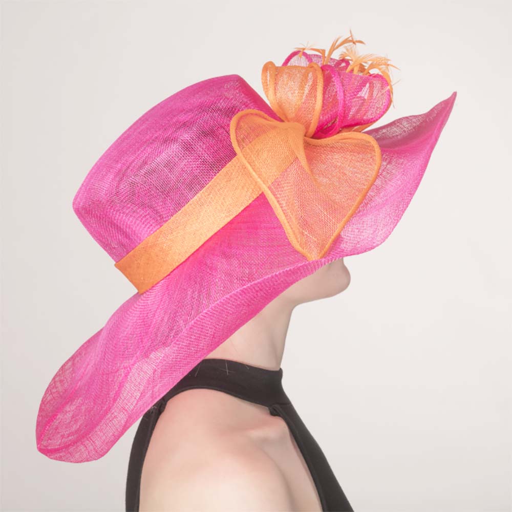 Fuchsia and Orange Two Tone Wide Brim Sinamay Derby Hat - KaKyCO, Dress Hat - SetarTrading Hats 