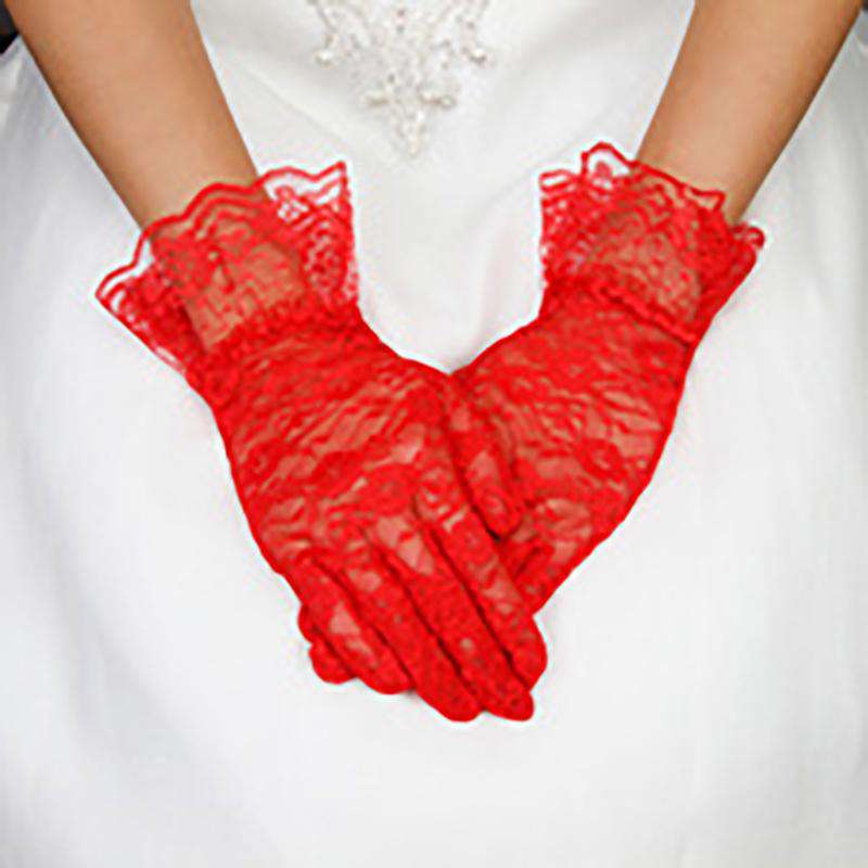 Lace Gloves with Wide Ruffle Trim Gloves Something Special LA GLV1034 Red  