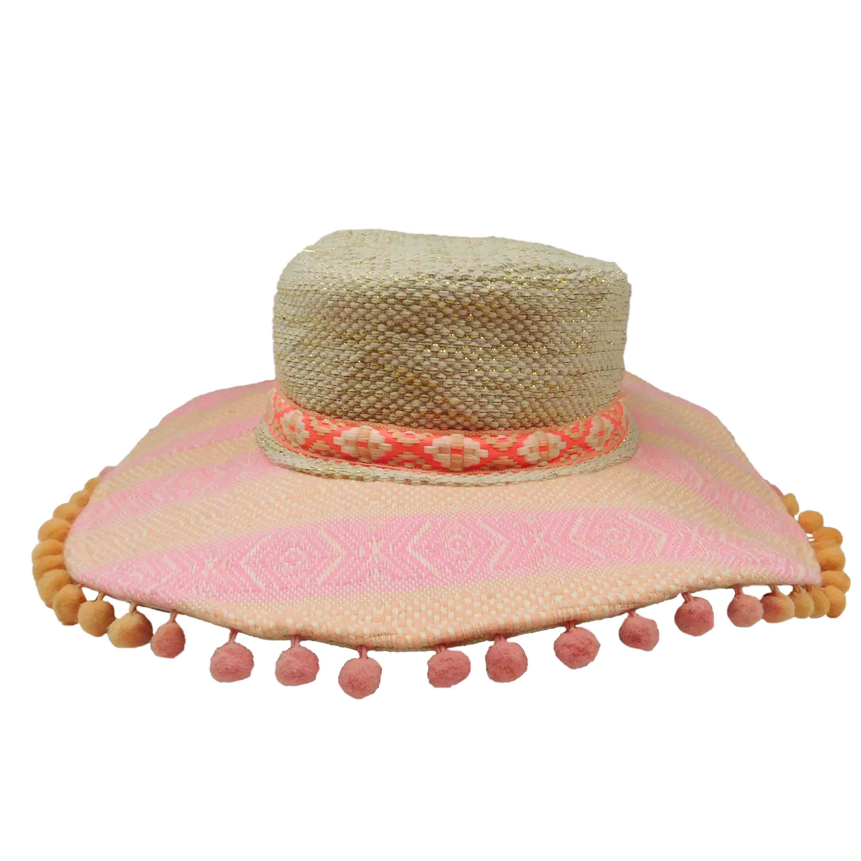 Golden Thread Pink Jacquard Bohemian Hat  - America and Beyond, Wide Brim Hat - SetarTrading Hats 
