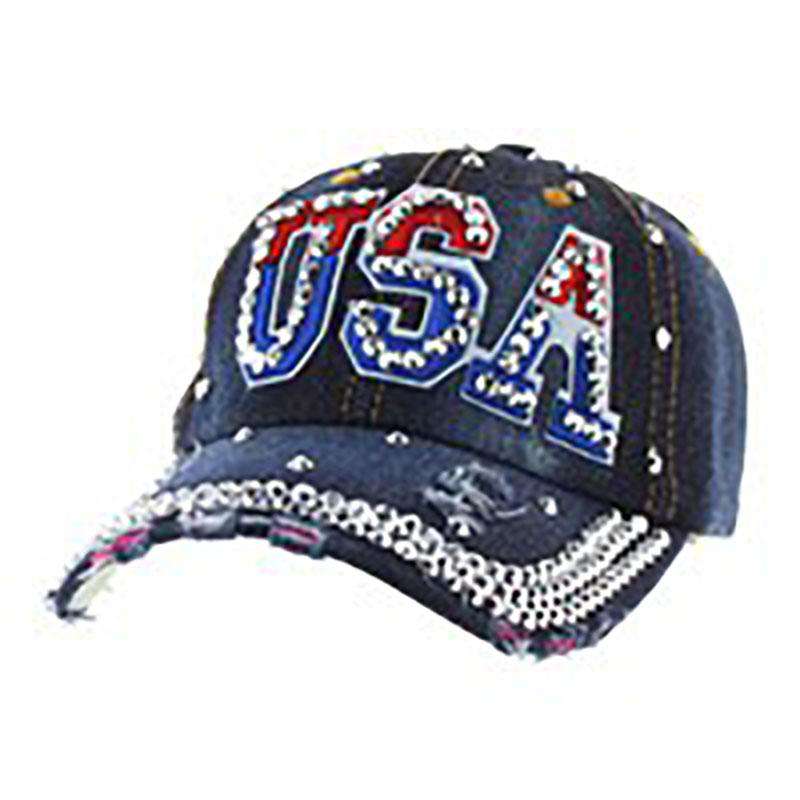 Red White and Blue USA Denim Cap with Silver Studded Bill, Cap - SetarTrading Hats 