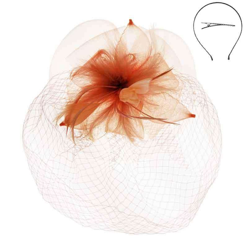 Large Feather Flower Fascinator with Netting Veil Fascinator Something Special LA HTH2120PH Peach  