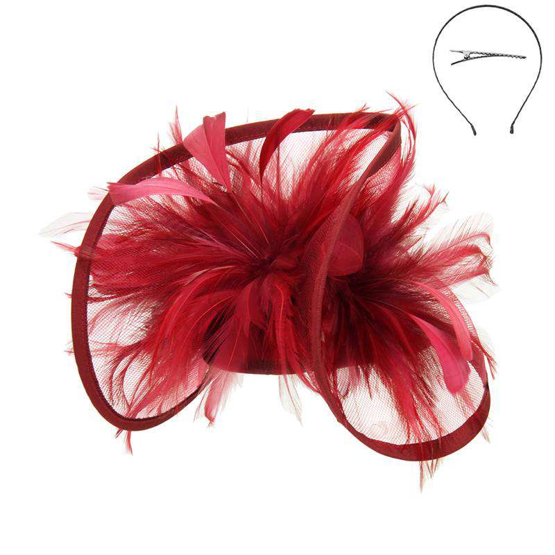 Feather Accented Rolled Tulle Fascinator Fascinator Something Special LA hth2172bd Burgundy  