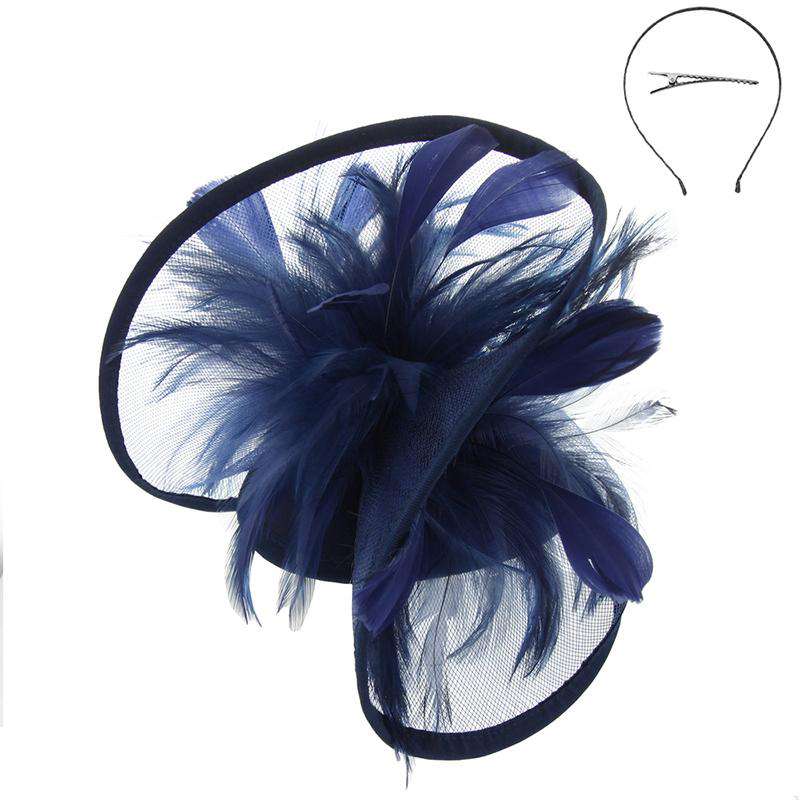 Feather Accented Rolled Tulle Fascinator Fascinator Something Special LA hth2172nv Navy  