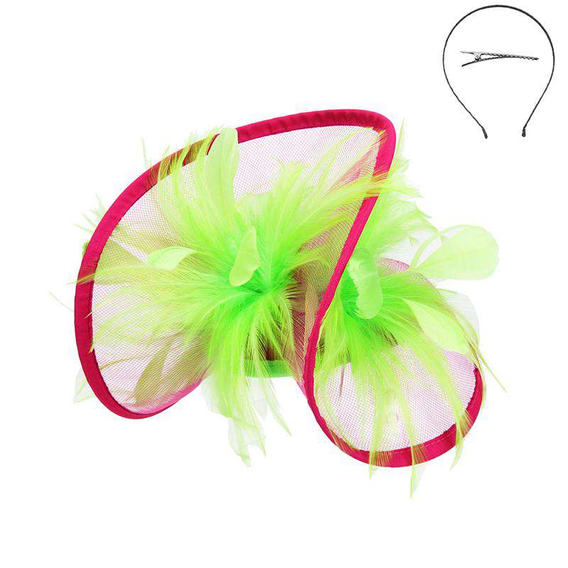 Feather Accented Rolled Tulle Fascinator Fascinator Something Special LA hth2172pl Lime / Pink  