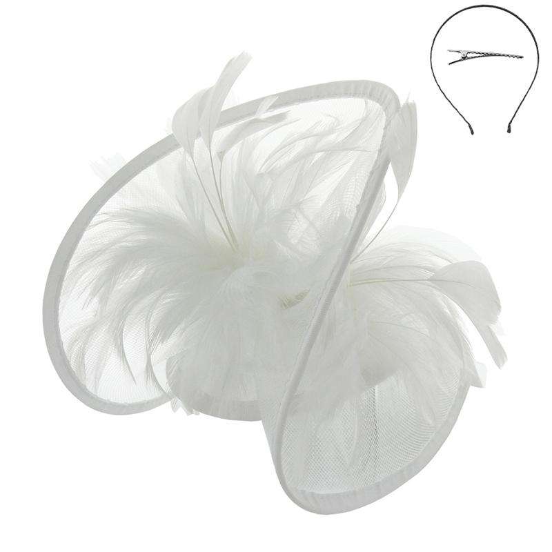 Feather Accented Rolled Tulle Fascinator Fascinator Something Special LA hth2172wh White  